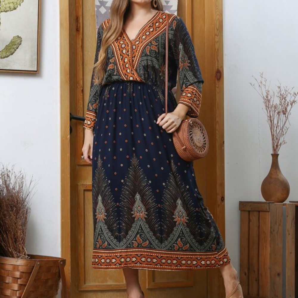 Plus Paisley Print V neck Midi Dress Cottagecore - Picture 1 of 5